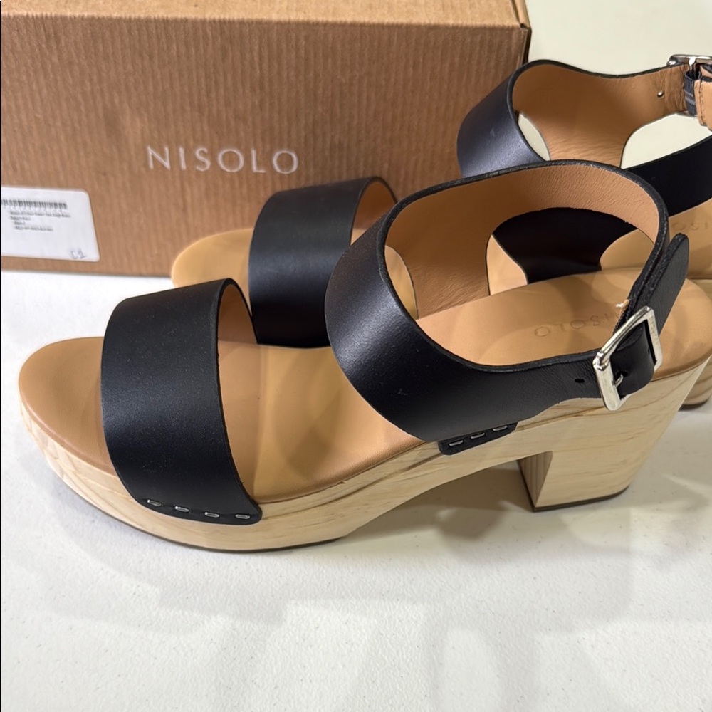 Nisolo Black and Tan Wedges with Modern Platform